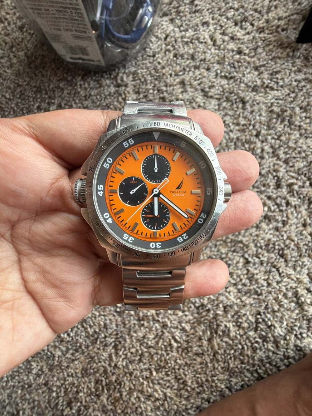 Nautica Chronograph WR50M Stainless Steel Watch with Orange Dial
